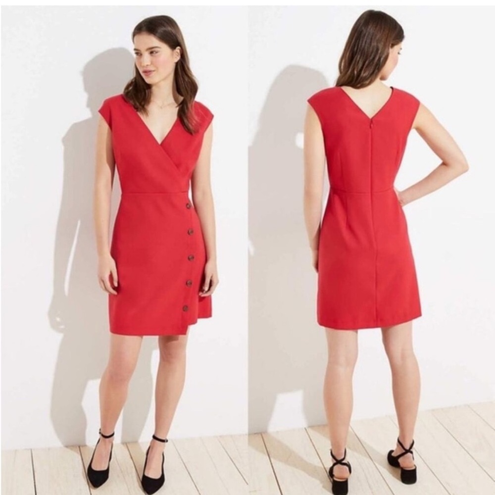 BOGO LOFT Red Cap Sleeve V-Neck Button Sheath Dress